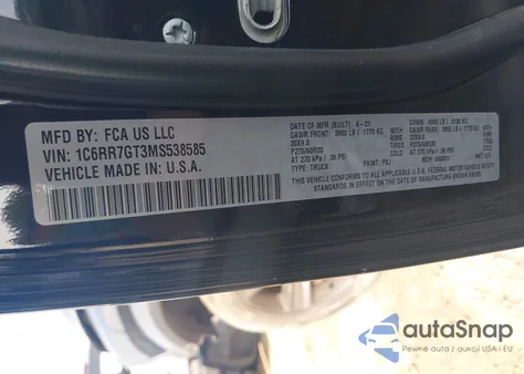 2021 Ram 1500 Classic Warlock 4X4 6'4 Box из США, поврежденный, VIN 1C6RR7GT3MS538585